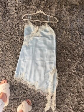 Light Blue Lace-Trim Satin Slip Dress